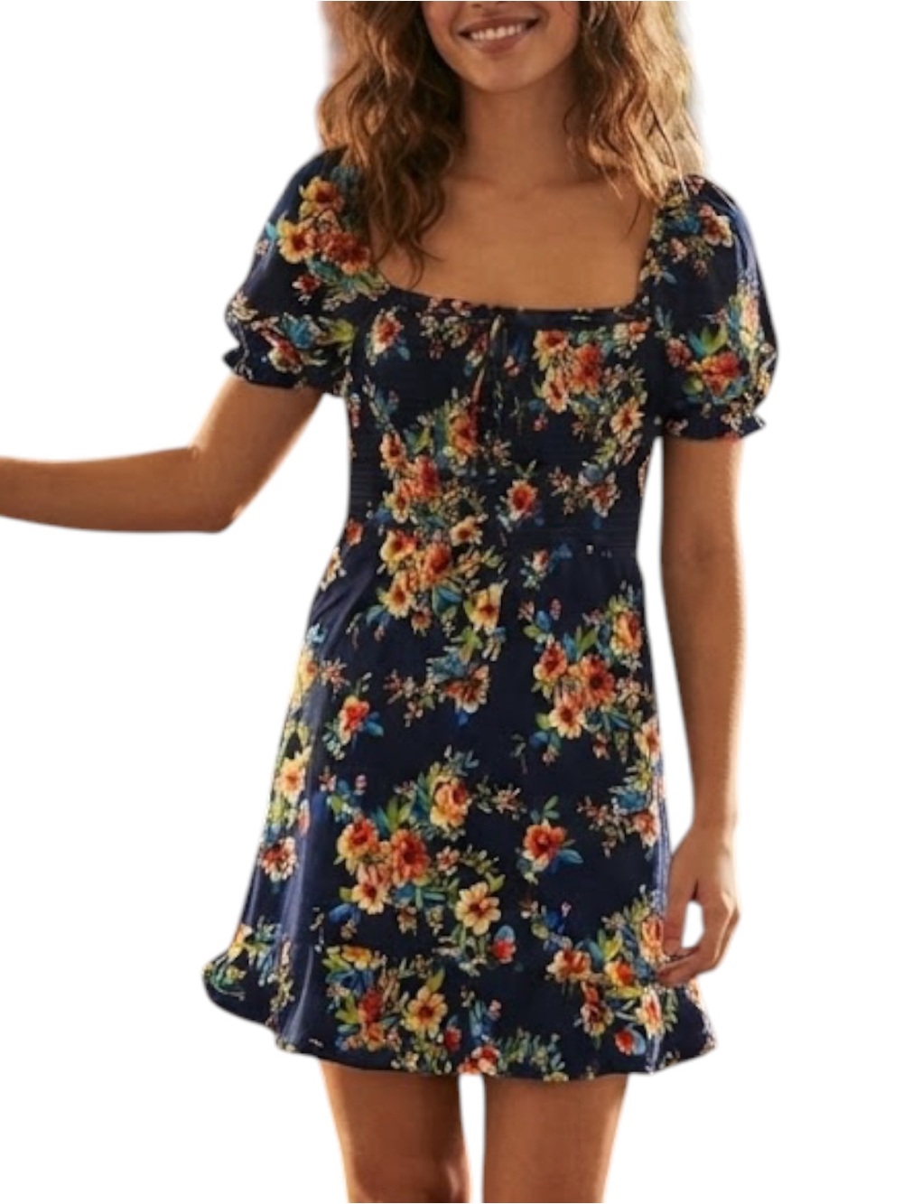 BAND OF GYPSIES Navy Floral Smocked Square Neck Dress Side Pockets Womens Small